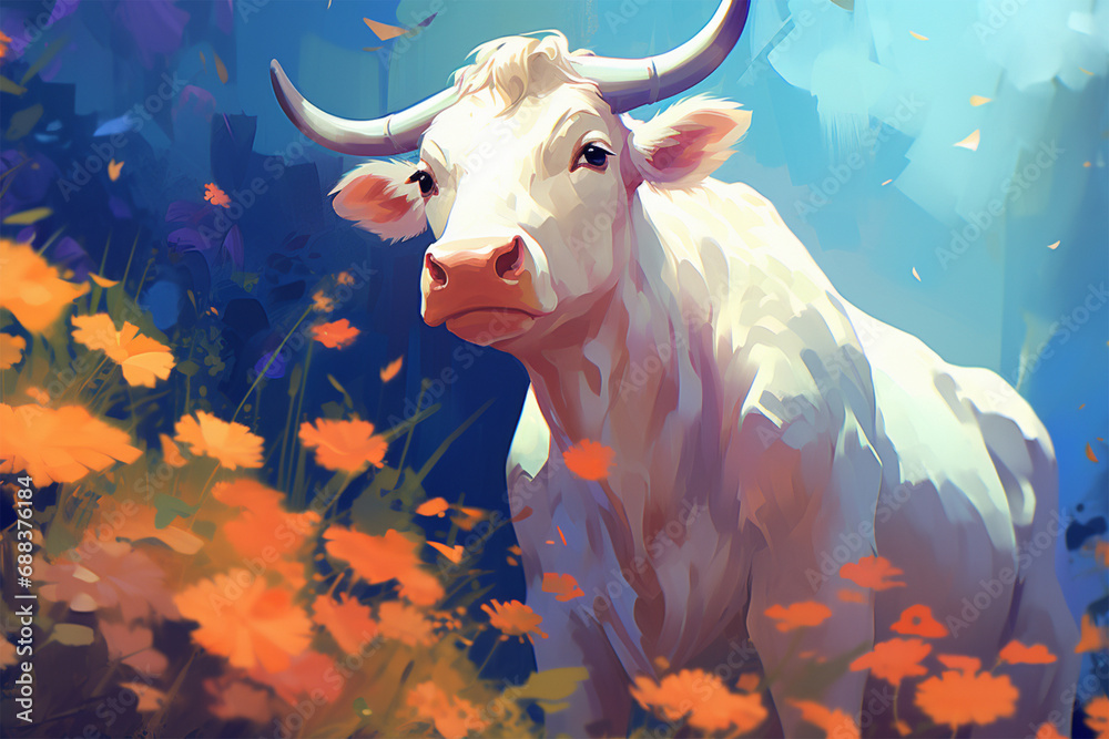 painting style landscape background, a cow in the forest