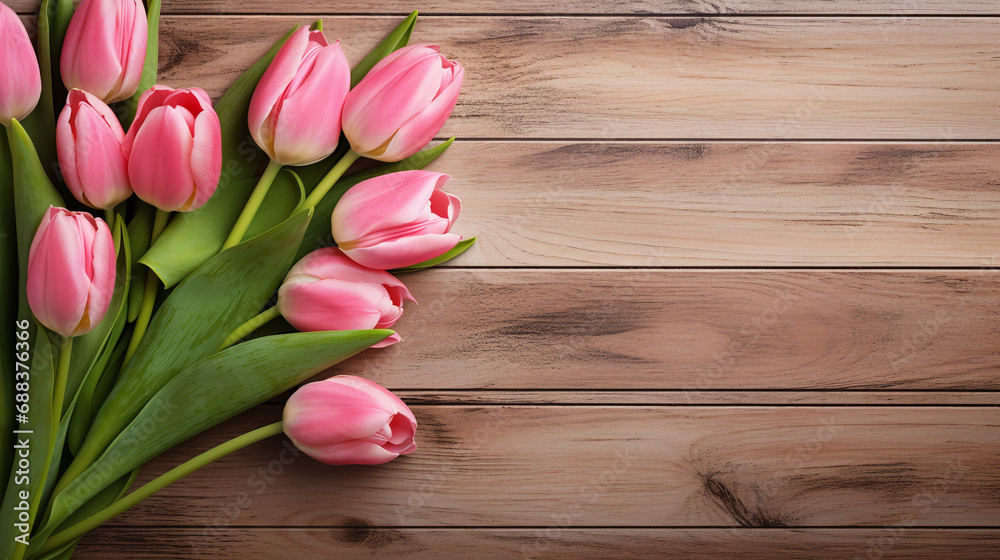 Bouquet of red tulips on wooden background with copy space.