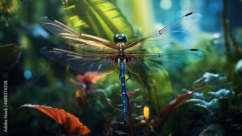 Dragonfly spreads wings while roosting on plant © lara