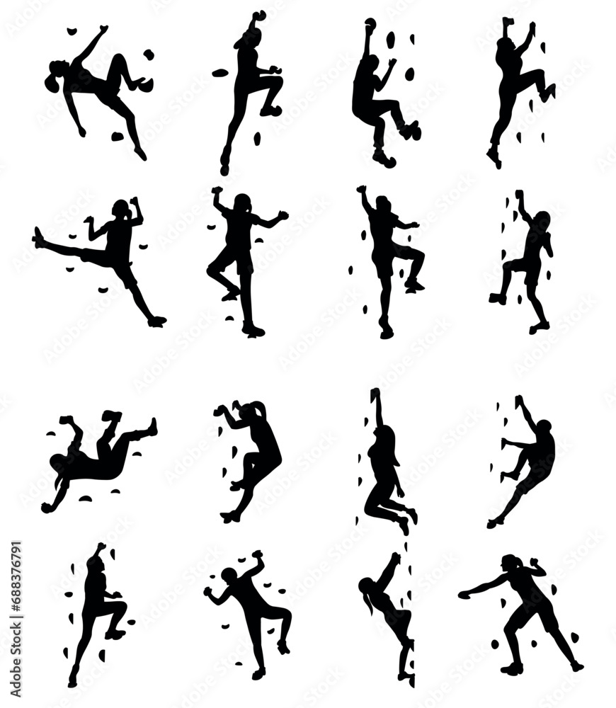 Collection of illustrations of silhouettes of climbing wall