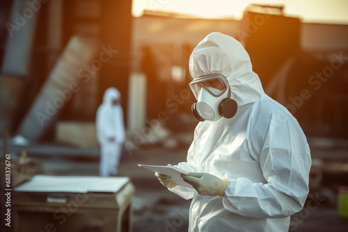 Man scientist in PPE Chemical Suit and hazmat suits inspector chemical gas leak spill with safety face mask in area close barricade security tape. dirty area spill cross stripe ribbon ai generated