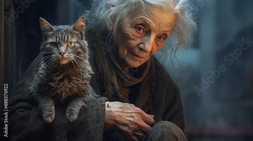 Elderly woman with a cat.