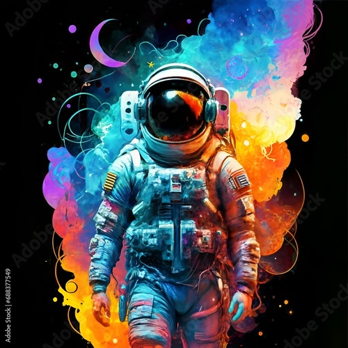 A colorful space art print of an astronaut