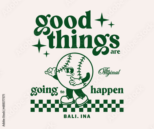Funny cartoon character of baseball. Can be used as Sticker, posters, prints. Retro cartoon style. Vector illustration
