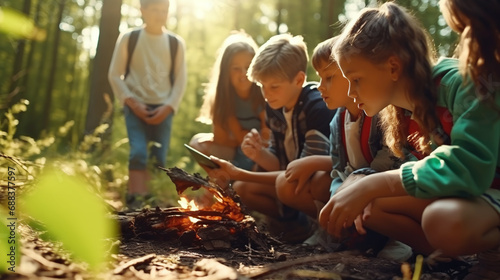 Group of kids doing activity in the forest.