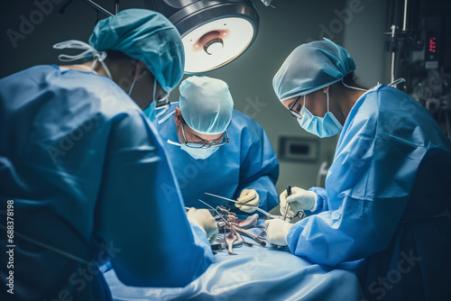 surgery doctor team in emergency Operating Room, Assistant Hands out Instruments to Surgeons During Operation. doctor and nurse surgeons in green gown coat at hospital operating theater. ai generated photo