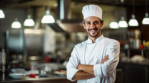 Happy smiling professional chef in commercial kitchen photo