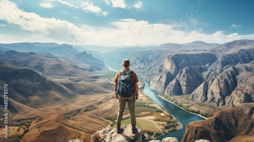 View from behind of a male hiker with a backpack looking at a beautiful view of high mountains under clear sky.