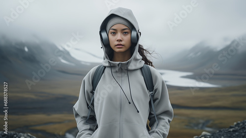 Melancholic young woman in the mountains, wearing headphones and a hoodie. Modern girl hiking outdoors, listening to music. Misty Nordic landscape on a cloudy day. © Studio Light & Shade
