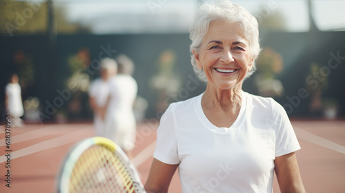 Portrait of older women playing tennis.