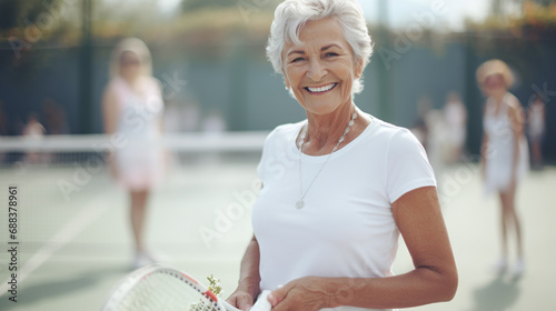 Portrait of older women playing tennis.