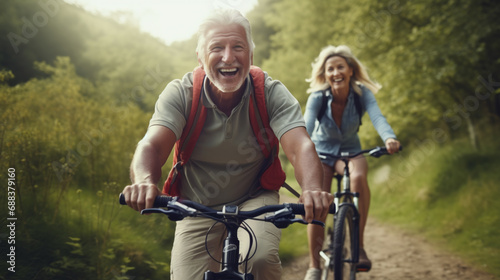 Senior couple riding bicycle together. © Shanorsila