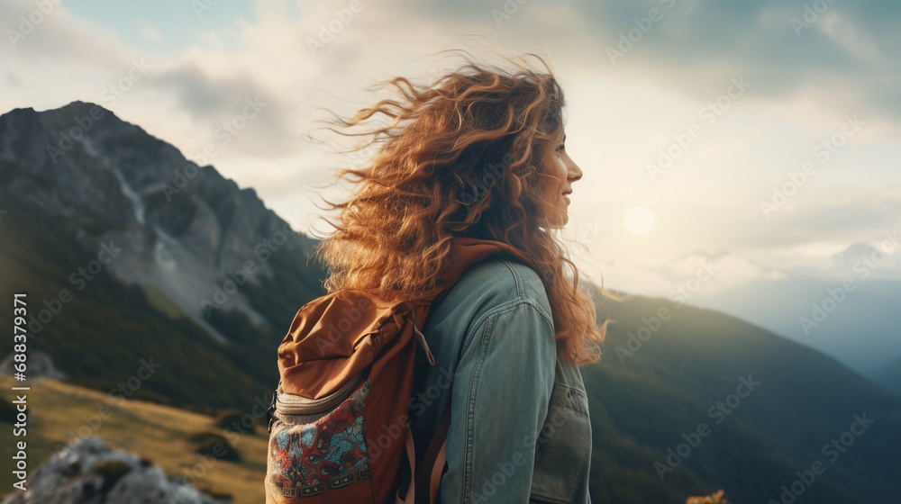 Naklejka premium female hiker with a backpack looking at a beautiful view of high mountains under clear sky.