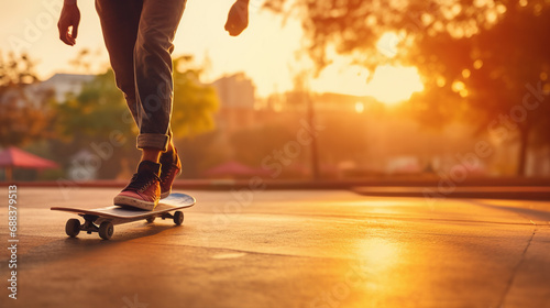 Young man riding skateboard.