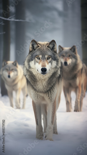 vertical high a group of wild wolves in the winter forest, wildlife