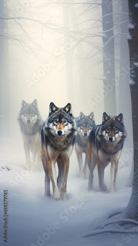 vertical high a group of wild wolves in the winter forest, wildlife © kichigin19