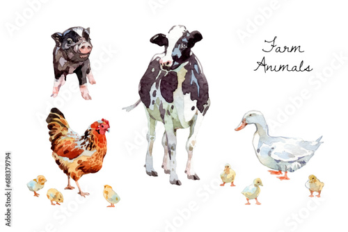Watercolor cute farm animals collection, livestock illustration