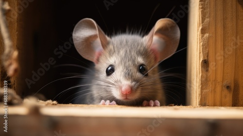 One cute mouse looks out of a wooden