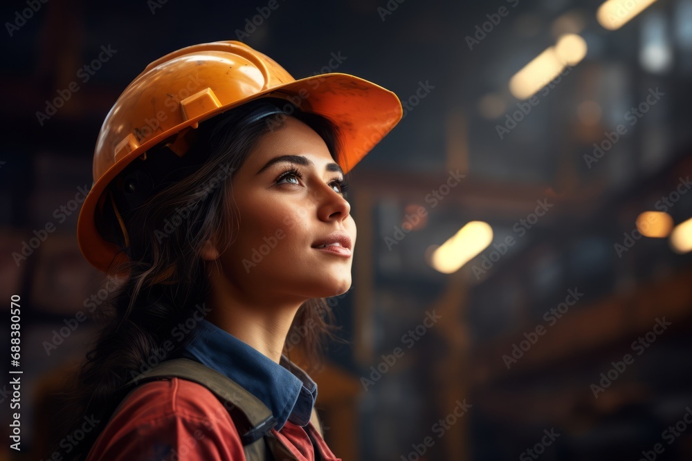 Ai generated of young woman engineer in uniform helmet standing and posing cross arm in industrial factory background with sunset light. female technician worker technician in manufacturing factory. Ai generated of young woman engineer in uniform helmet standing and posing cross arm in industrial factory background with sunset light. female technician worker technician in manufacturing factory.