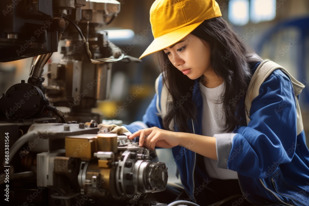 Ai generated of woman engineer in uniform helmet inspection check control heavy machine construction installation in factory. technician worker check for repair maintenance electronic operation. Ai generated of woman engineer in uniform helmet inspection check control heavy machine construction installation in factory. technician worker check for repair maintenance electronic operation.