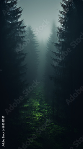 foggy landscape in a coniferous forest, gloomy autumn view twilight cold evening in a mountain forest, vertical panorama of tall trees