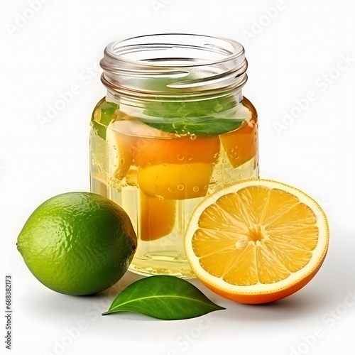 Delicious home-made citrus jam. Made with fresh citrus and stored in a transparent container. Generative AI