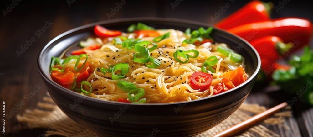 Vegetarian Chinese soup with noodles, bell peppers, cabbage, carrots, and green onions. Vegetarian Chinese soup with noodles, bell peppers, cabbage, carrots, and green onions.