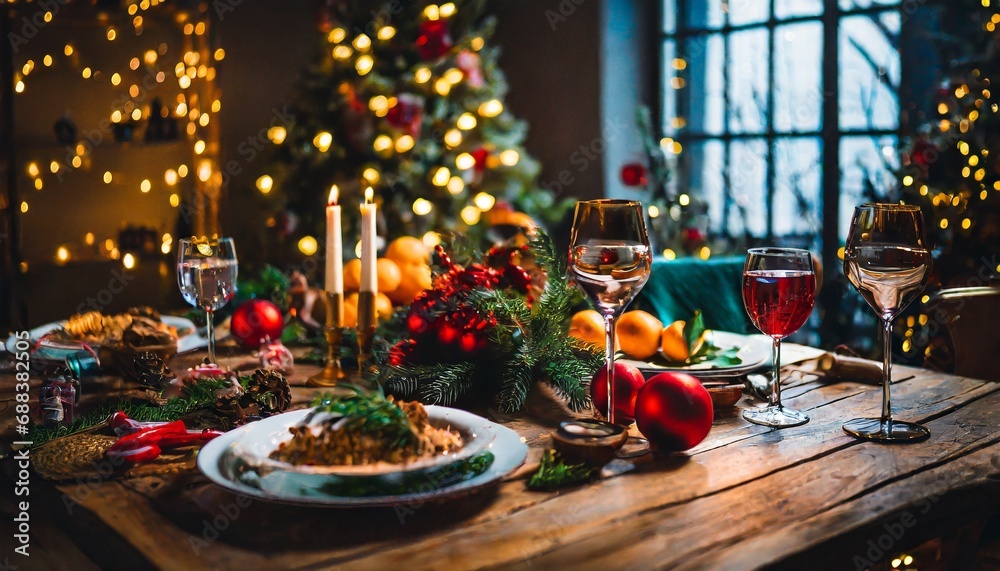 an empty wooden table ready for holiday feasting, surrounded by the delightful decorations of Christmas, festive Christmas table setup, christmas table with candles