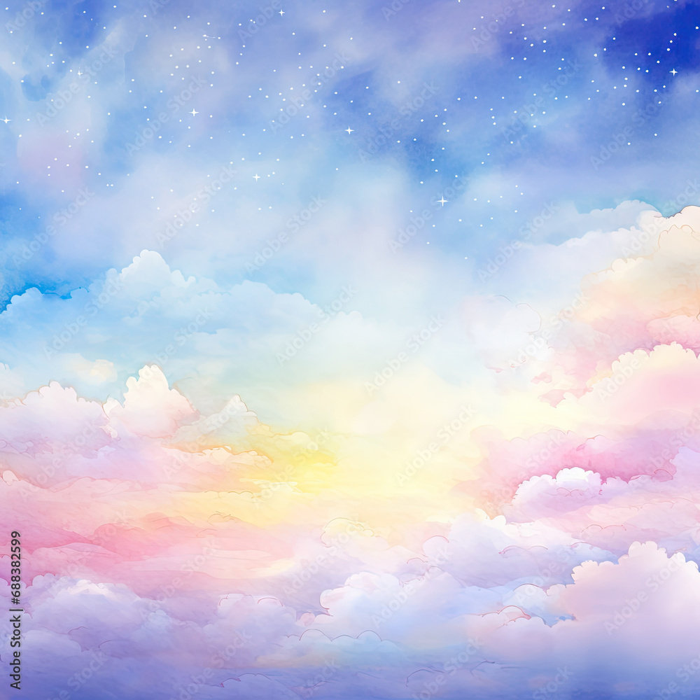 Colorful pastel rainbow watercolor sky with sparkling light background