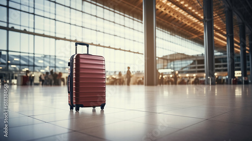 suitcase in a large bright airport waiting hall, tourism trip concept, background copy space photo