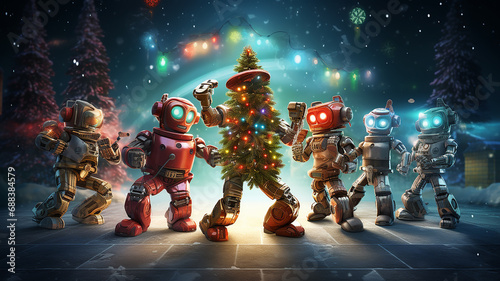 holiday party at cartoon robots, christmas holiday in the world of robots illustration fiction postcard photo