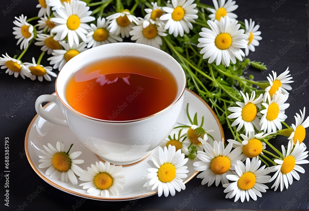 White cup of herbal tea surrounded by fresh chamomile flowers on black background. Health and wellness concept White cup of herbal tea surrounded by fresh chamomile flowers on black background. Health and wellness concept