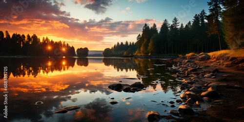 A serene sunset over a calm lake surrounded by lush green and Beautiful with trees in the background Trees lakes reflections in the water a running through a forest with rocks 