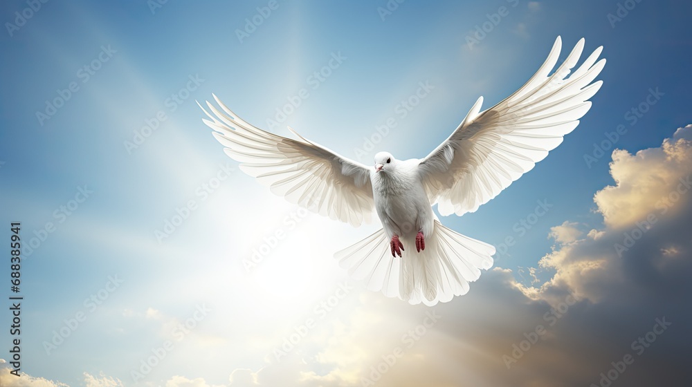 White dove flying in sunlight against dark blue sky.