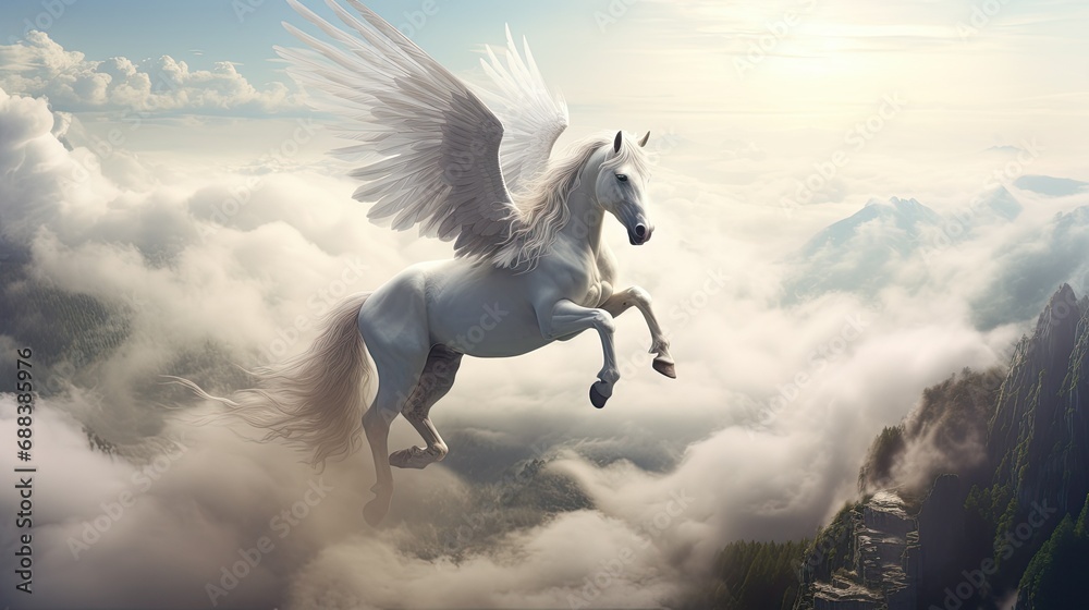 White pegasus unicorn in a rock cliff high above - obrazy, fototapety, plakaty 