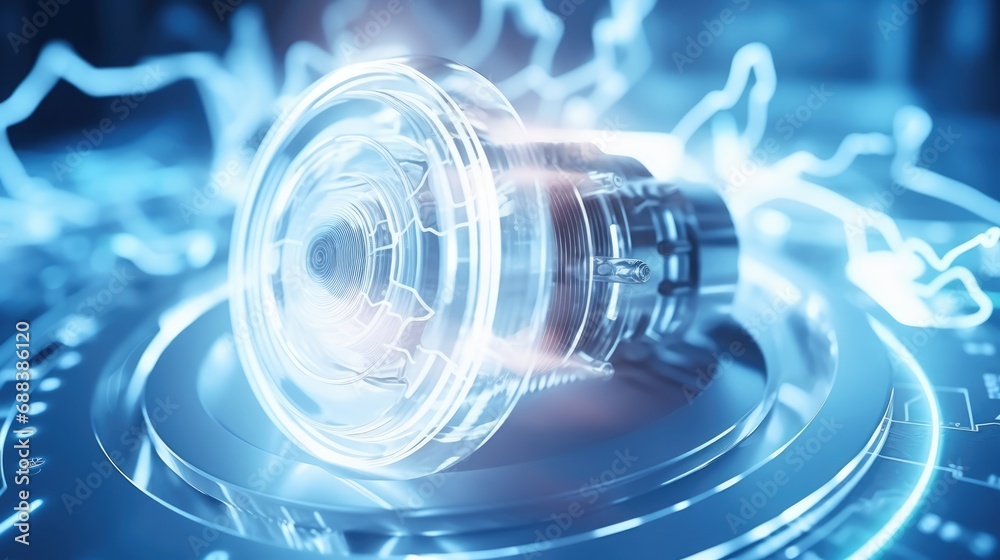 A futuristic camera lens. The lens is surrounded by a series of concentric circles, which are made of a translucent material. A futuristic camera lens. The lens is surrounded by a series of concentric circles, which are made of a translucent material.