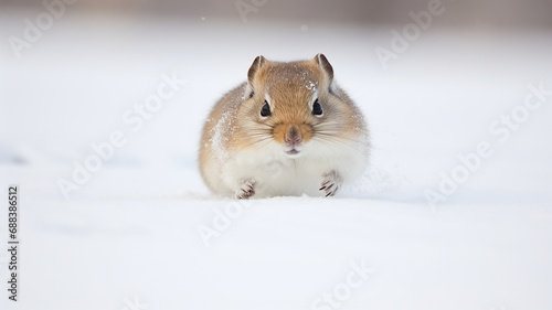 cute hamster running through fluffy winter snow, cold season, rodent in the wild nature © kichigin19