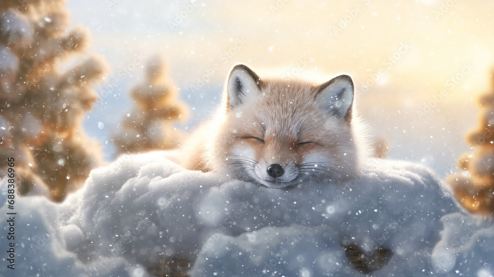 a cute fox cub sleeps in the wild against the background of winter, snow is falling, the incredible beauty of winter wildlife a cute fox cub sleeps in the wild against the background of winter, snow is falling, the incredible beauty of winter wildlife