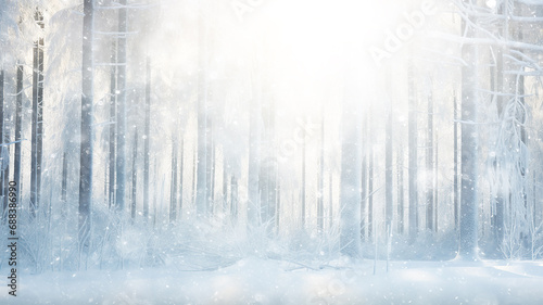 snowfall in the morning misty forest, landscape wildlife of winter, sun rays between the trees, seasonal calendar abstract background copy space December or January © kichigin19