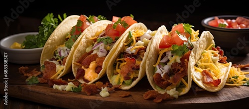 Tacos with eggs, hash browns, bacon and cheese for breakfast. photo