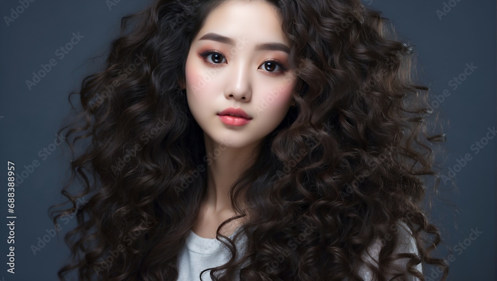 Fototapeta premium Asian Beautiful Young Woman, Korean Makeup Style and Curly Hair