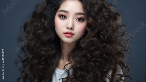 Asian Beautiful Young Woman, Korean Makeup Style and Curly Hair