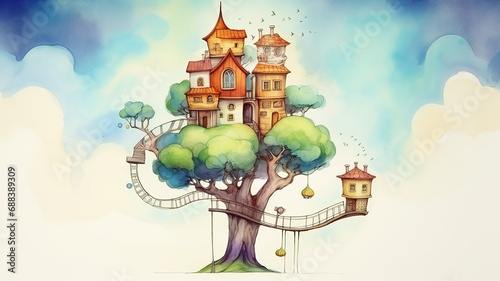 illustration of a tree house in the clouds isolated on a white background , graphics for children fairy tale