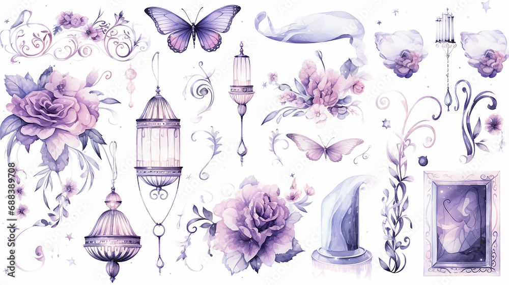 set collection of purple delicate accessories of a fairy princess watercolor drawing isolated on a white background soft lavender color set collection of purple delicate accessories of a fairy princess watercolor drawing isolated on a white background soft lavender color