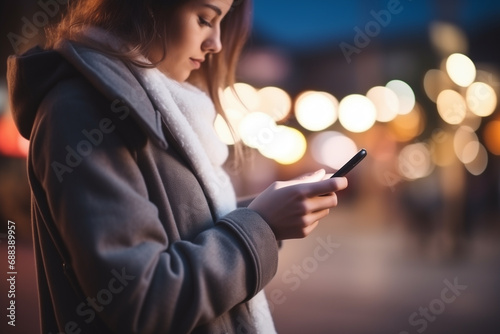 A young woman is using her smartphone near a bustling street, enjoying the vibrant city life and staying connected effortlessly. generative Ai.