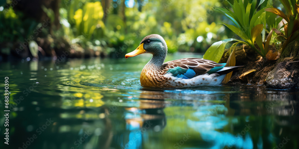 Obraz premium Peaceful duck swims on a calm blue lake, surrounded by lush greenery