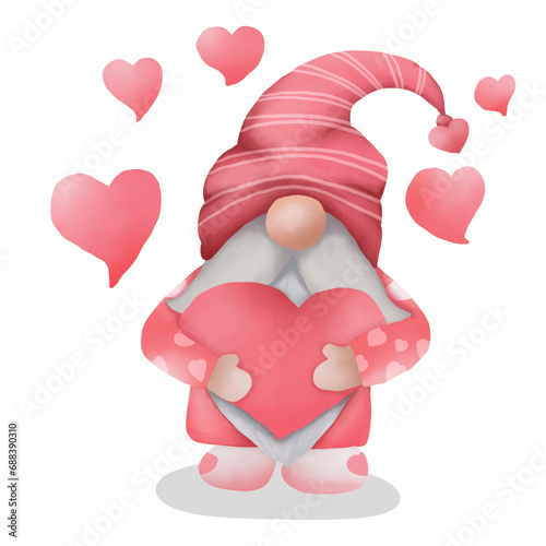 Watercolor cute pink valentines gnome. Cartoon love character illustration. Valentine's day greeting, card, invitation, flyer