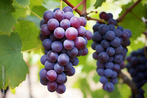 Purple grapes on vine, close up photo