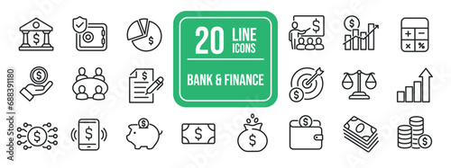 Bank and finance simple minimal thin line icons. Related money, bank, contract, analysis. Editable stroke. Vector illustration. 