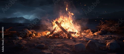 Nighttime bonfire with dark backdrop.